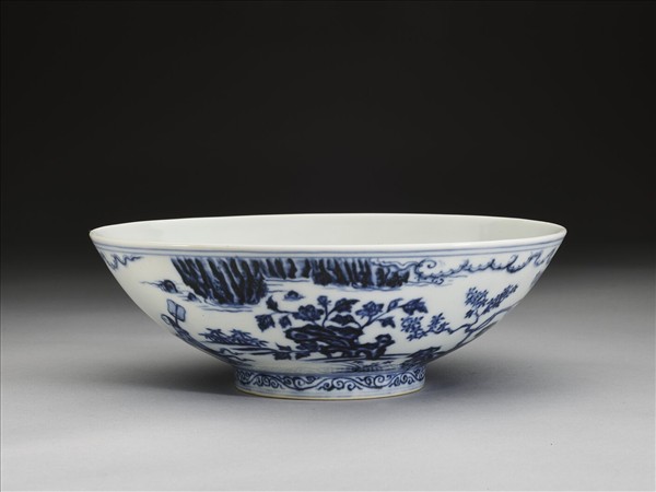 青花山水仕女圖碗