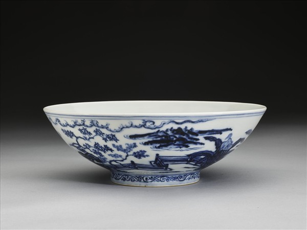 青花山水仕女圖碗