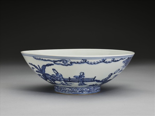 青花山水仕女圖碗