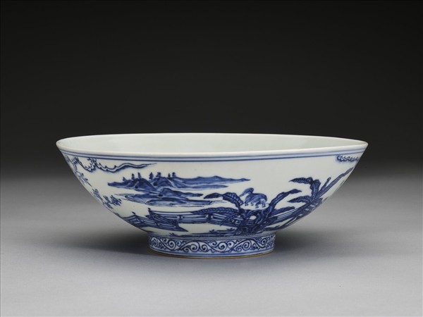 青花山水仕女圖碗