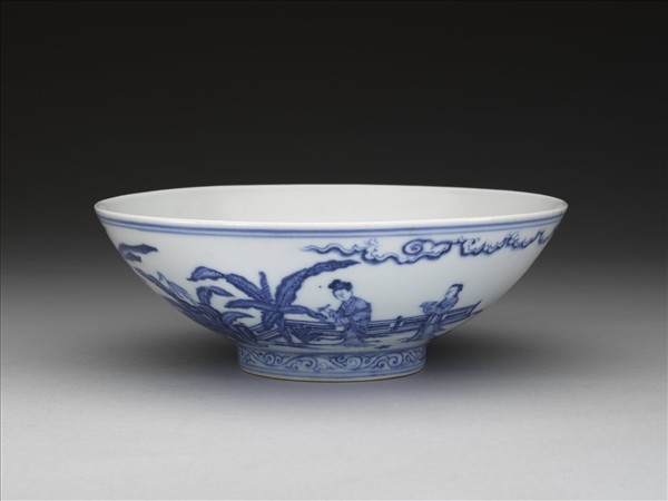 青花山水仕女圖碗