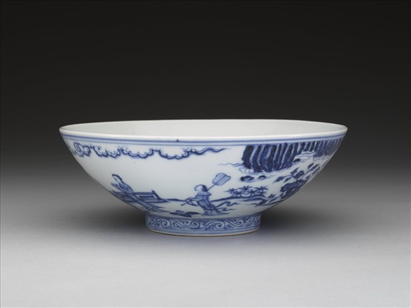 青花山水仕女圖碗