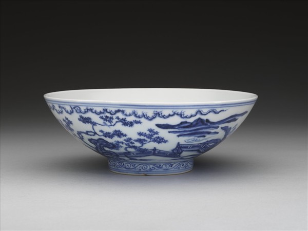 青花山水仕女圖碗