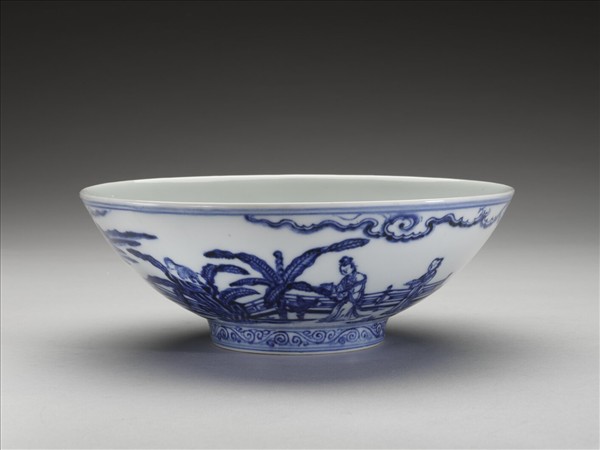 青花山水仕女圖碗