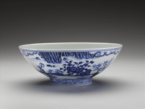 青花山水仕女圖碗