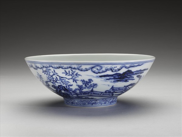 青花山水仕女圖碗