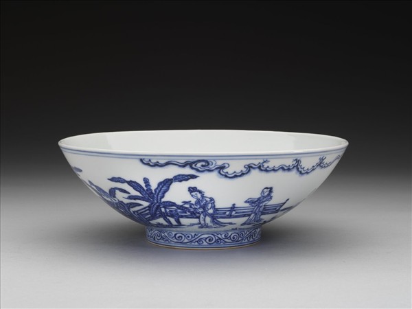 青花蕉葉題詩仕女圖碗