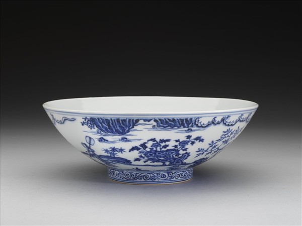 青花蕉葉題詩仕女圖碗