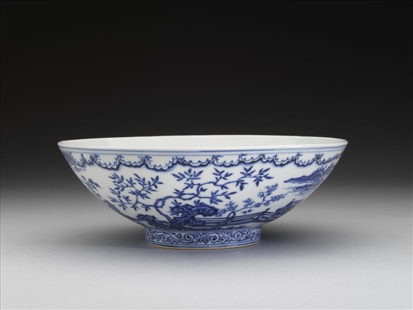 青花蕉葉題詩仕女圖碗