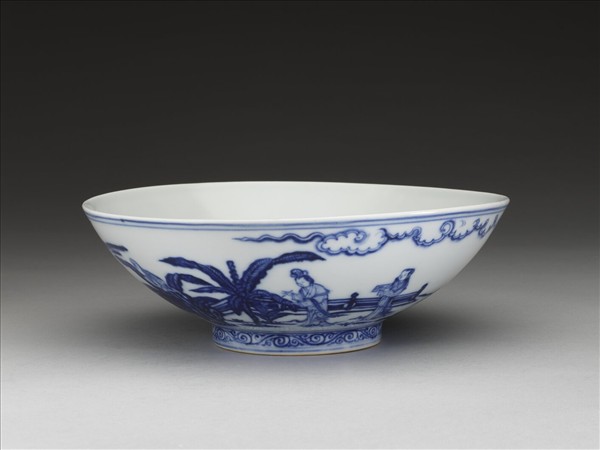 青花山水仕女圖碗