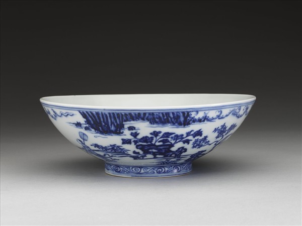 青花山水仕女圖碗