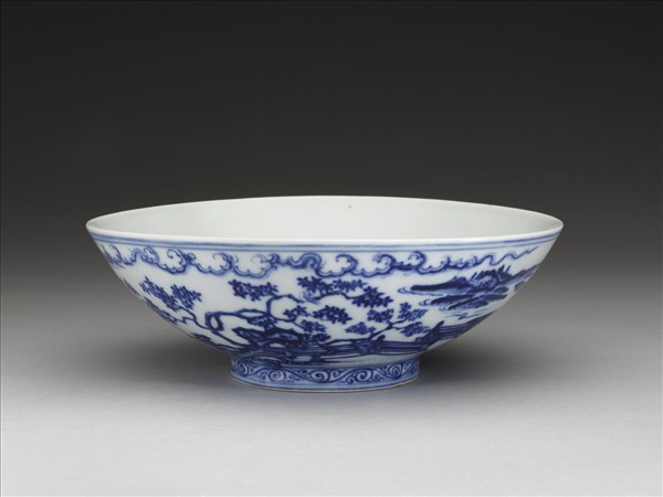 青花山水仕女圖碗