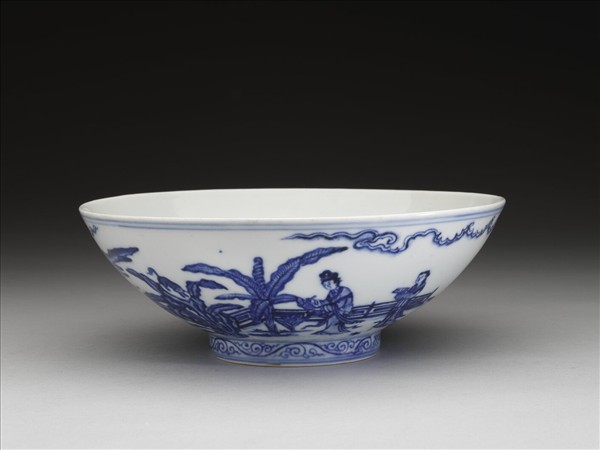 青花山水仕女圖碗