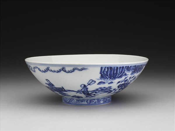 青花山水仕女圖碗