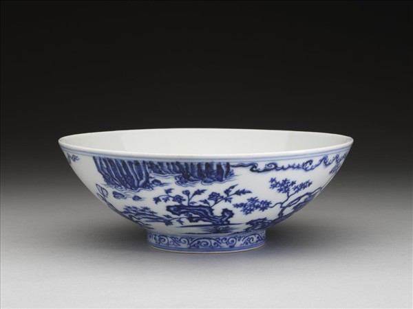 青花山水仕女圖碗