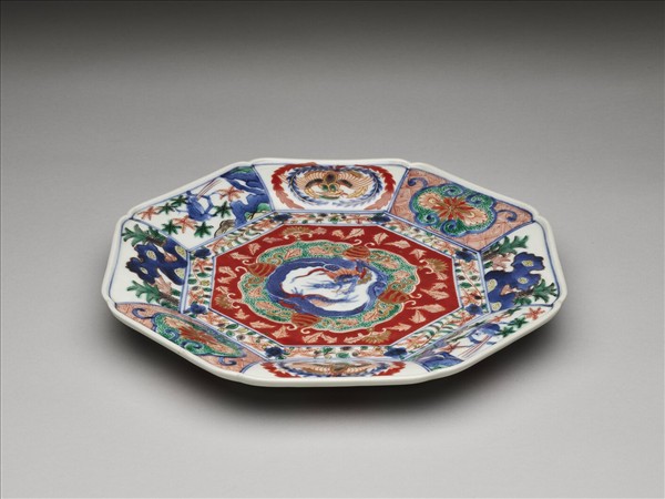 有田窯 青花五彩龍鳳紋八方盤