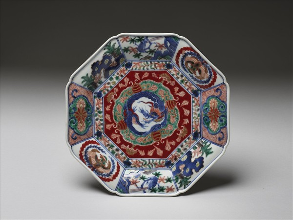 有田窯 青花五彩龍鳳紋八方盤