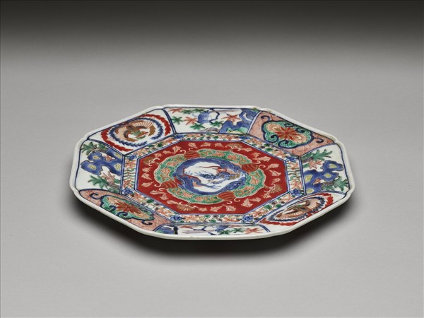 有田窯 青花五彩龍鳳紋八方盤