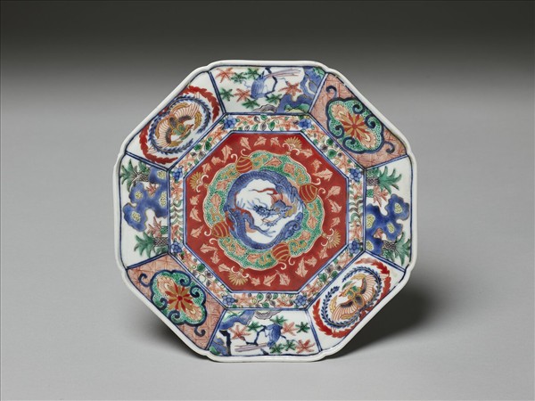 有田窯 青花五彩龍鳳紋八方盤