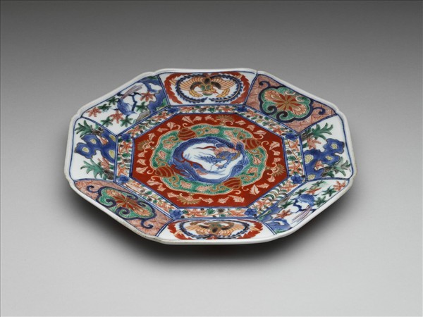 有田窯 青花五彩龍鳳紋八方盤
