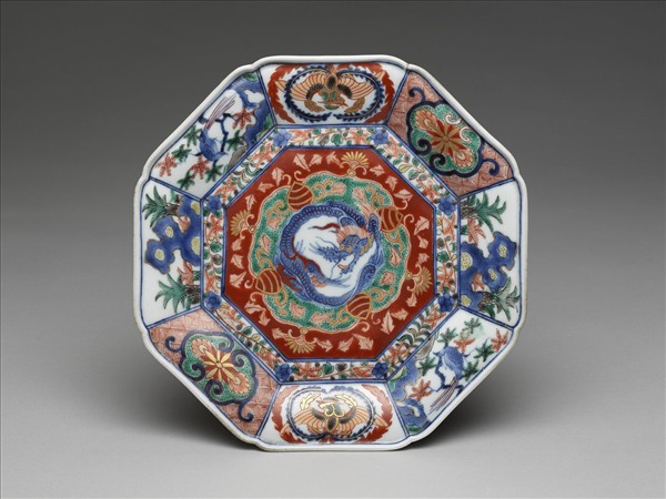 有田窯 青花五彩龍鳳紋八方盤