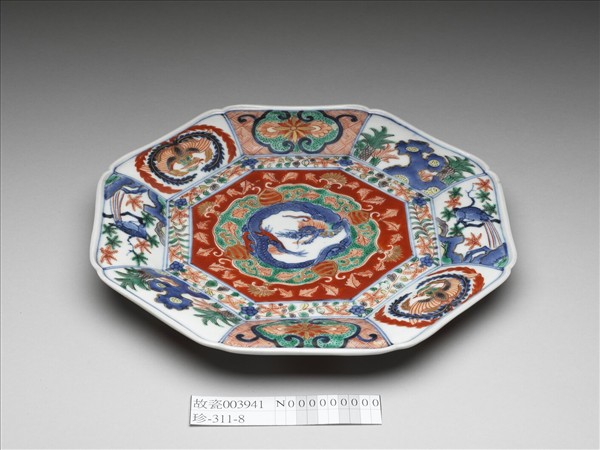 有田窯 青花五彩龍鳳紋八方盤