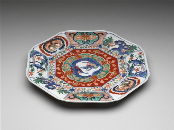 有田窯 青花五彩龍鳳紋八方盤