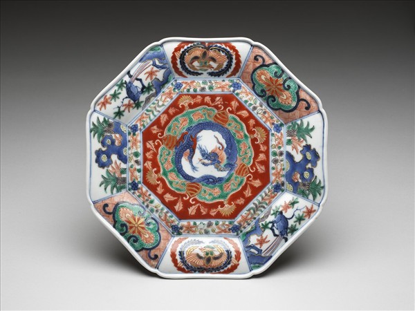 有田窯 青花五彩龍鳳紋八方盤