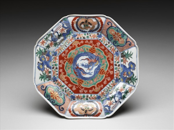 有田窯 青花五彩龍鳳紋八方盤