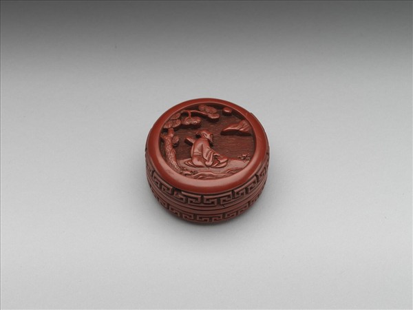 剔紅松下撫琴圓盒