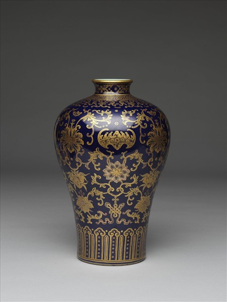 霽青釉描金福壽紋梅瓶