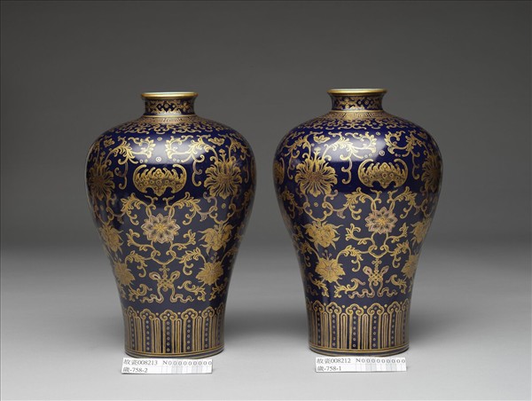 霽青釉描金福壽紋梅瓶