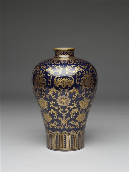 霽青釉描金福壽紋梅瓶