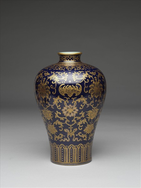 霽青釉描金福壽紋梅瓶