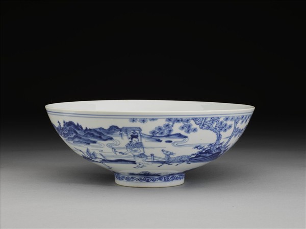 青花山水仕女圖碗