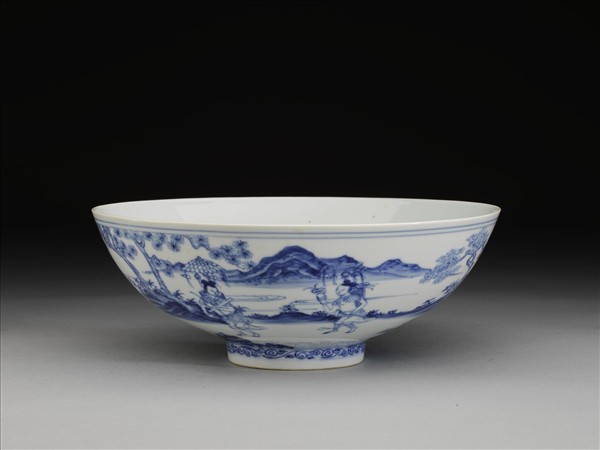青花山水仕女圖碗