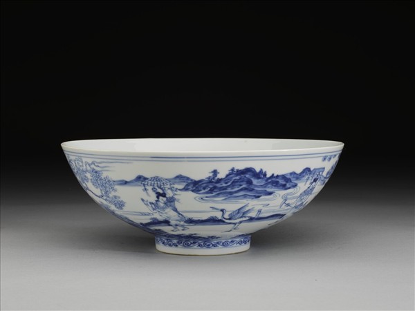 青花山水仕女圖碗