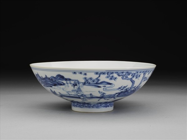 青花山水仕女圖碗