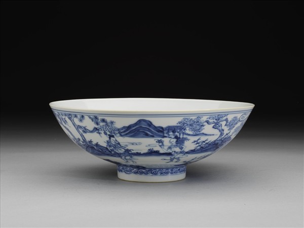 青花山水仕女圖碗