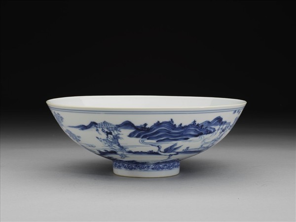 青花山水仕女圖碗