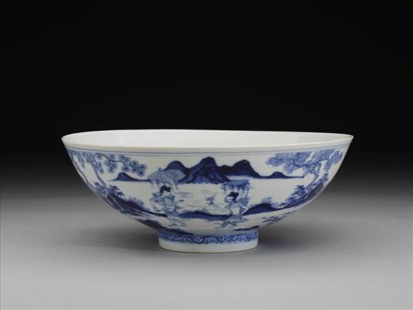 青花山水仕女圖碗