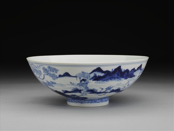 青花山水仕女圖碗