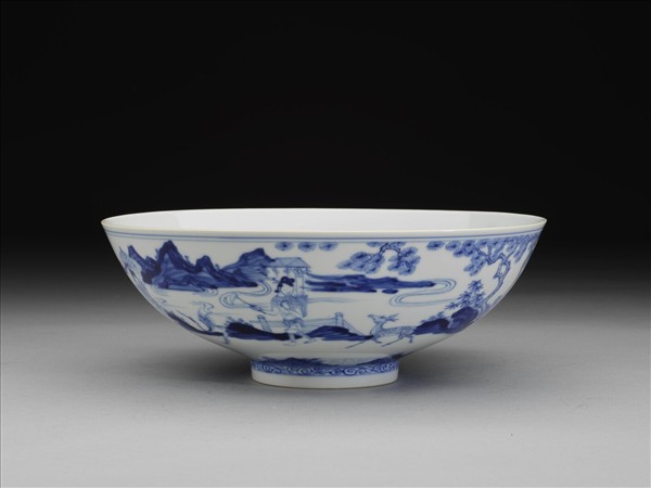 青花山水仕女圖碗