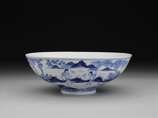 青花山水仕女圖碗