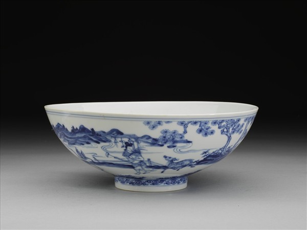 青花山水仕女圖碗