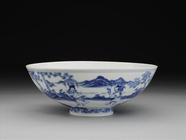 青花山水仕女圖碗