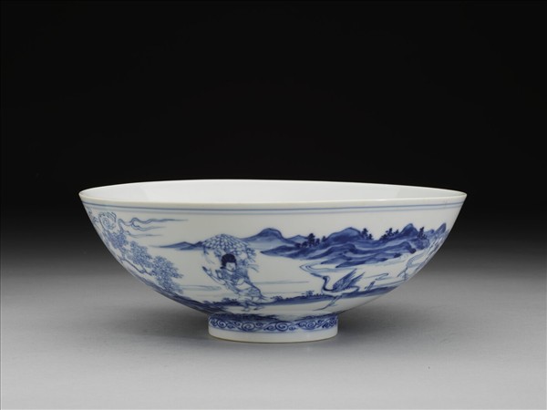 青花山水仕女圖碗