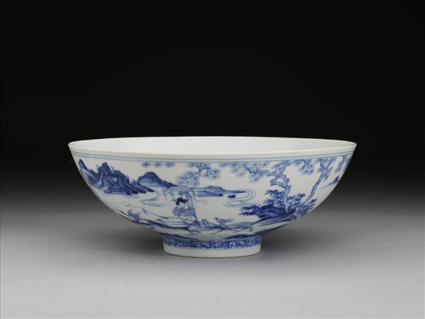 青花山水仕女圖碗