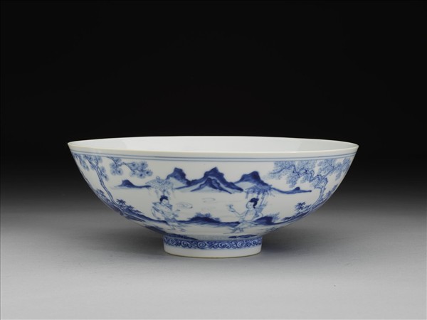 青花山水仕女圖碗