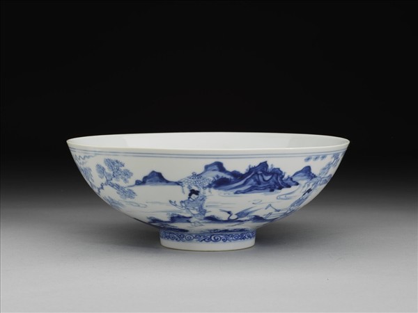 青花山水仕女圖碗